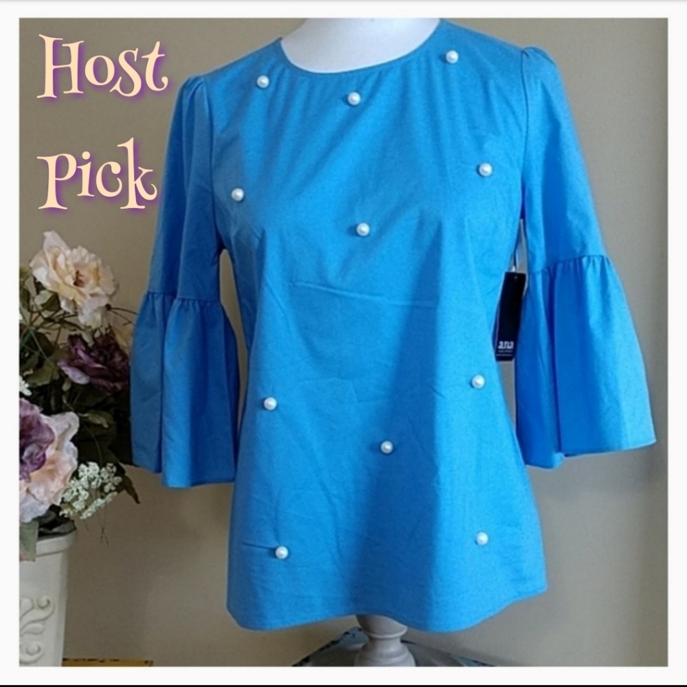 NEW a.n.a Blouse Faux Pearls Pullover Top Stretch Bell 3/4 Slve Cotton Blend Sm - Picture 2 of 14